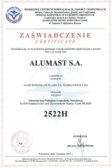 ALUMAST certyfikowany przez NATO