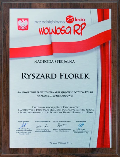 Ryszard Florek nagrodzony tytułem Przedsiębiorca 25-lecia Wolności RP 

