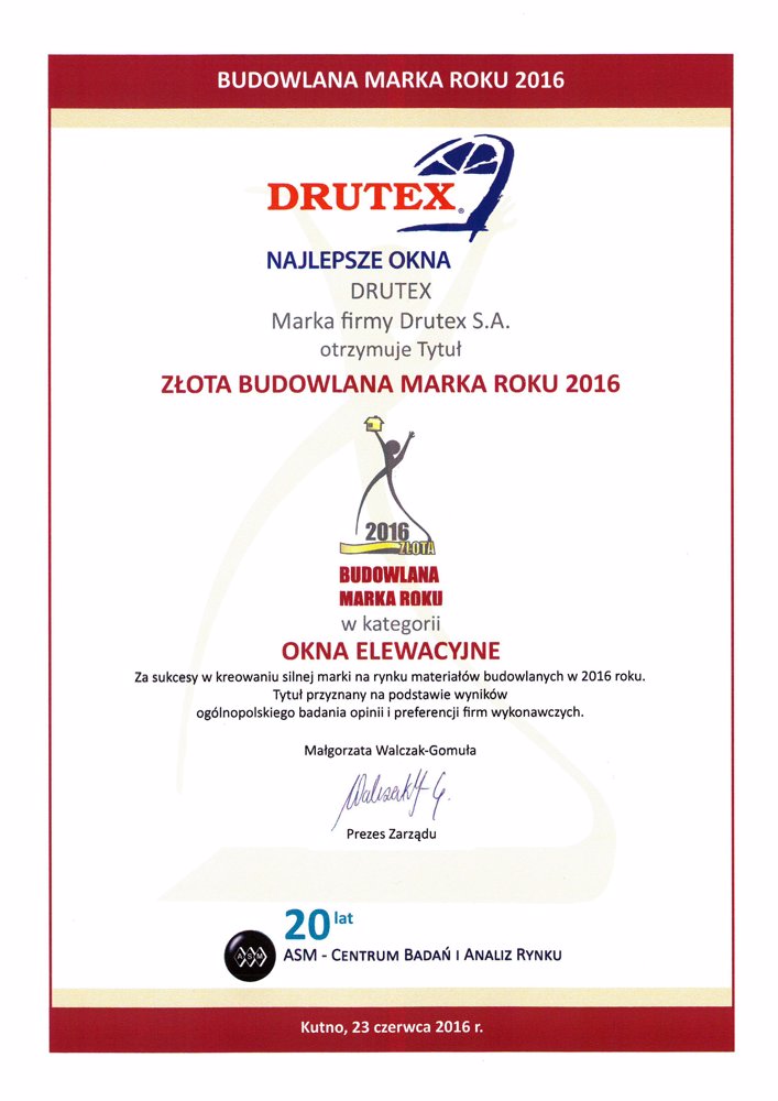 DRUTEX z nagrodą Złota Budowlana Marka Roku 2016