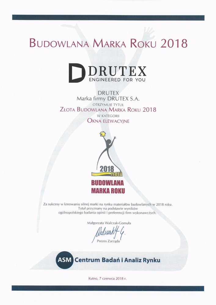 Złota Budowlana Marka Roku 2018 dla Drutex