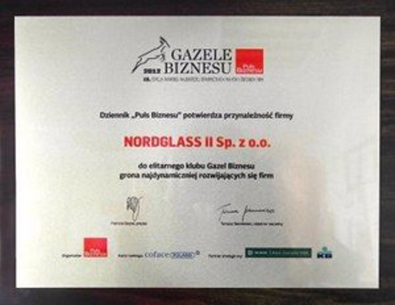 Gazela Biznesu 2012 dla firmy NordGlass II Sp. z o.o.