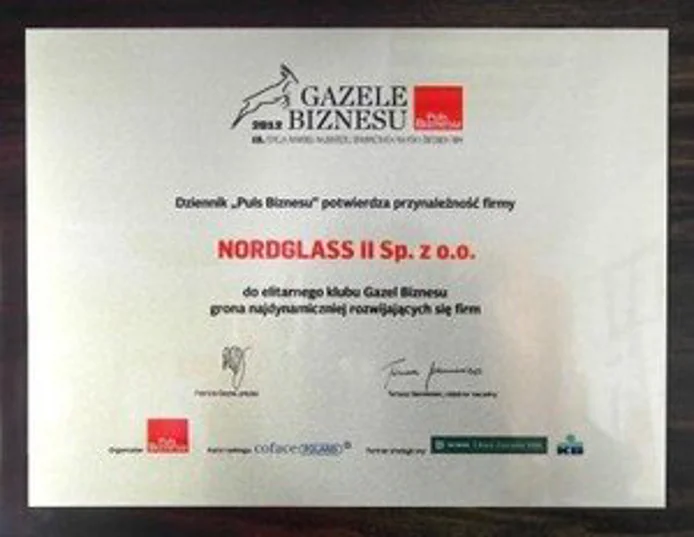 Gazela  Biznesu 2012 dla firmy NordGlass II Sp. z o.o.